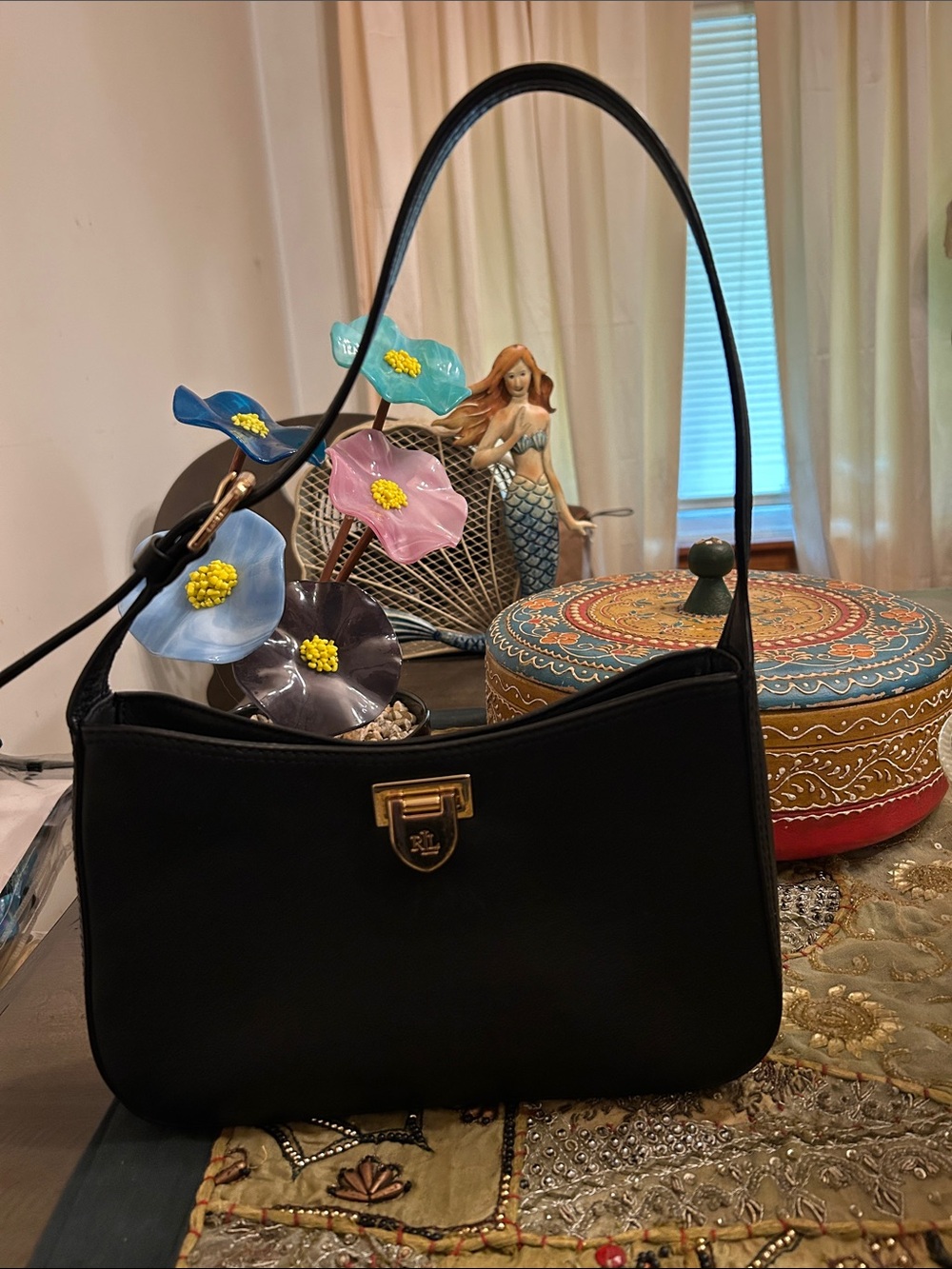 Ralph Lauren Black Leather Shoulder Bag with Gold-Tone Lock